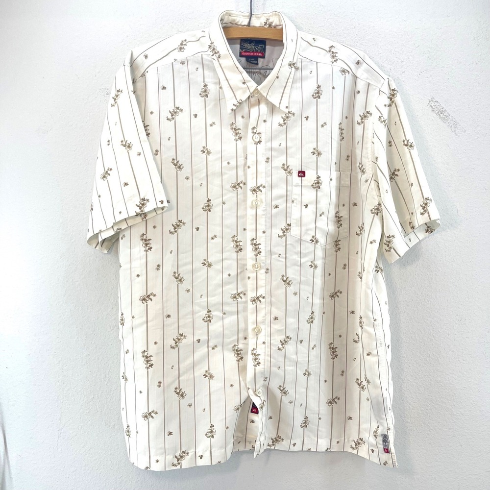 Quiksilver Mens L White Floral Stripe Short Sleeve Button Up Shirt Casual